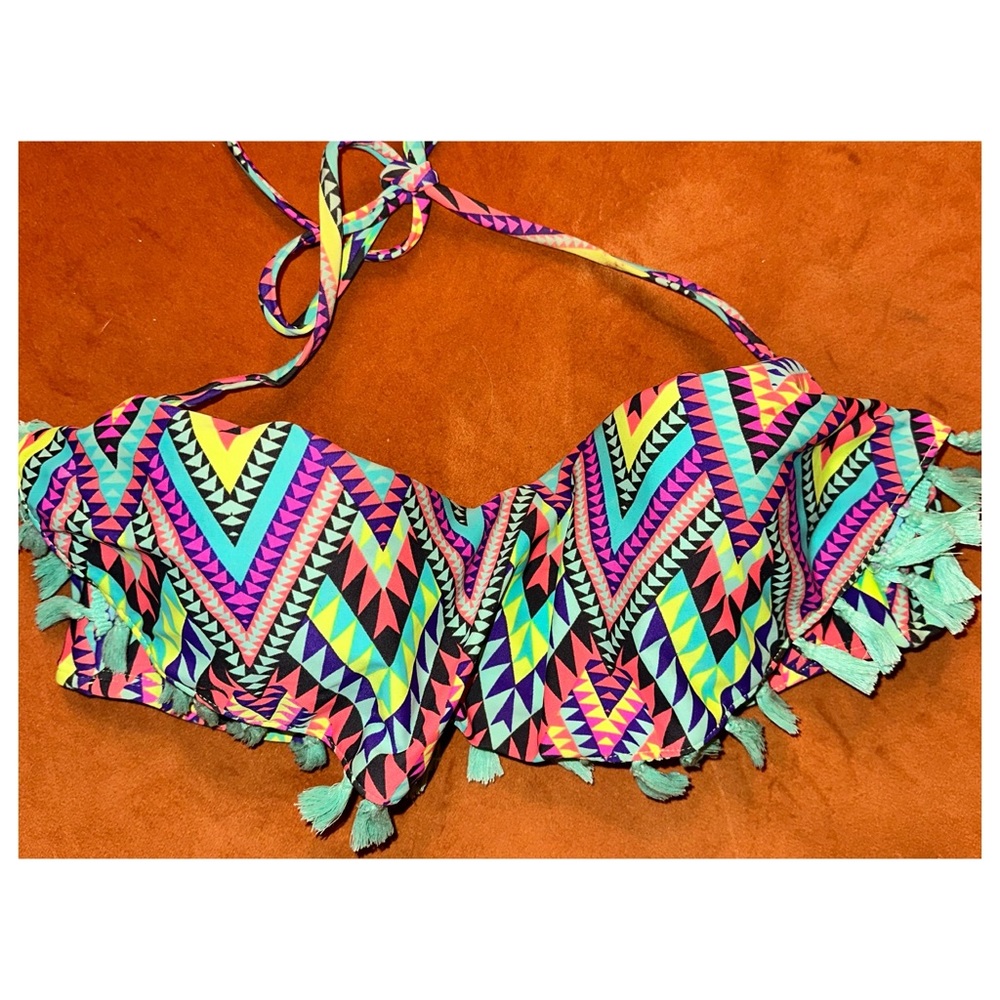 Vintage circa 2014, Neon Aztec, Fringe Bikini Top, Size Large - Picture 13 of 16